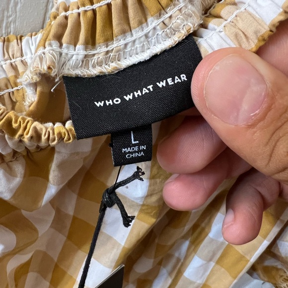 Who What Wear Midi One-Shoulder Dress - Mustard Gingham Puff Short Sleeve Cotton - Picture 5 of 8